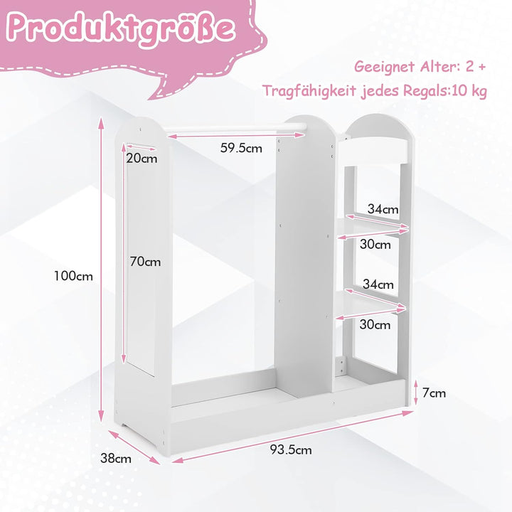 GOPLUS Kindergarderobe mit Spiegel, Kleiderständer mit 4 offenen Regalen & Kleiderstange, Garderobe
