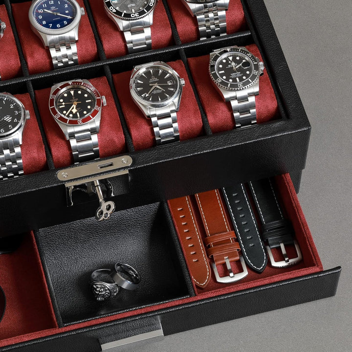 ROTHWELL Leder-Uhrenbox 10 Fächer mit Schublade, Luxus-Uhrenetui mit weichen Kissen, abschliessbarer