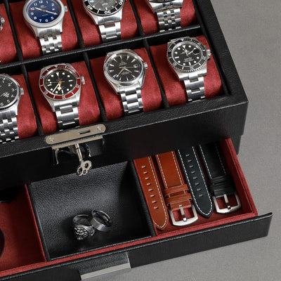 ROTHWELL Leder-Uhrenbox 10 Fächer mit Schublade, Luxus-Uhrenetui mit weichen Kissen, abschliessbarer