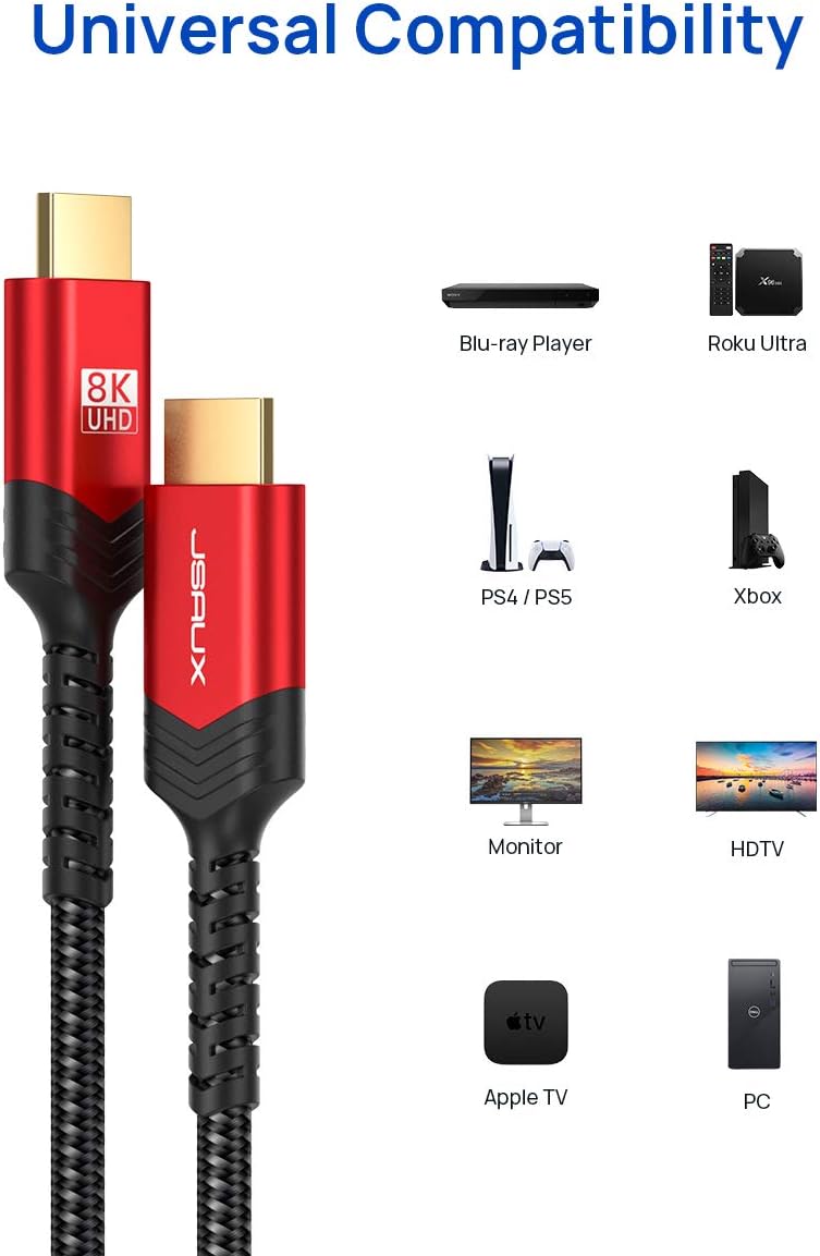 JSAUX 10K 8K HDMI Kabel 1.8M, HDMI 2.1 Kabel Highspeed Ethernet 48Gbps 8K@60Hz, 4K@120Hz, UHD HDR 10