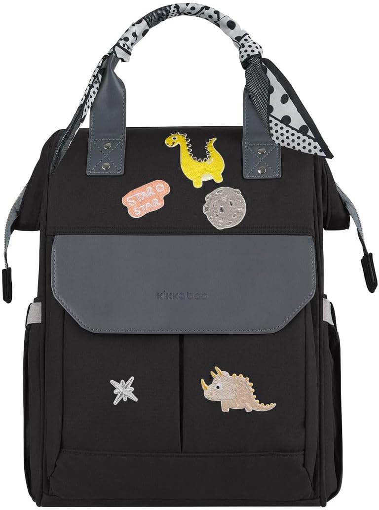 Kikkaboo Wickeltasche Myla Rucksack, Wickeltasche, abnehmbarer Aufkleber Dino Schwarz, Schwarz