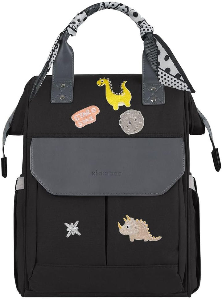 Kikkaboo Wickeltasche Myla Rucksack, Wickeltasche, abnehmbarer Aufkleber Dino Schwarz, Schwarz