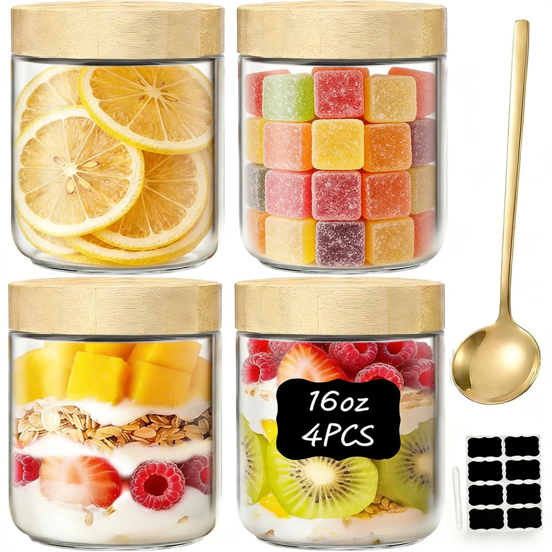 4 Set Overnight Oats Gläser 500ml,Meal Prep Gläser,Einmachgläser mit Schraubdeckel & Löffel,Mason Ja