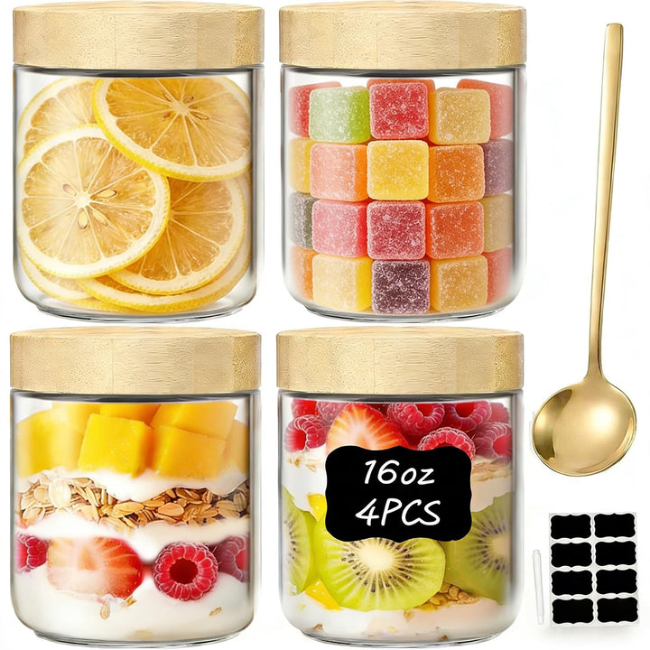 4 Set Overnight Oats Gläser 500ml,Meal Prep Gläser,Einmachgläser mit Schraubdeckel & Löffel,Mason Ja
