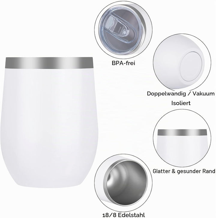 Joymaking 4 Stück Weinbecher Edelstahl, Stemless Weinbecher mit Deckel, Doppelwandige Unbreakable Tr