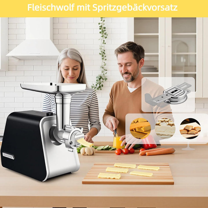 Nictemaw 2000W Elektrischer Fleischwolf Profi, 4-in-1 Fleischmaschine (1.8kg/min), inkl. Wurstfüller