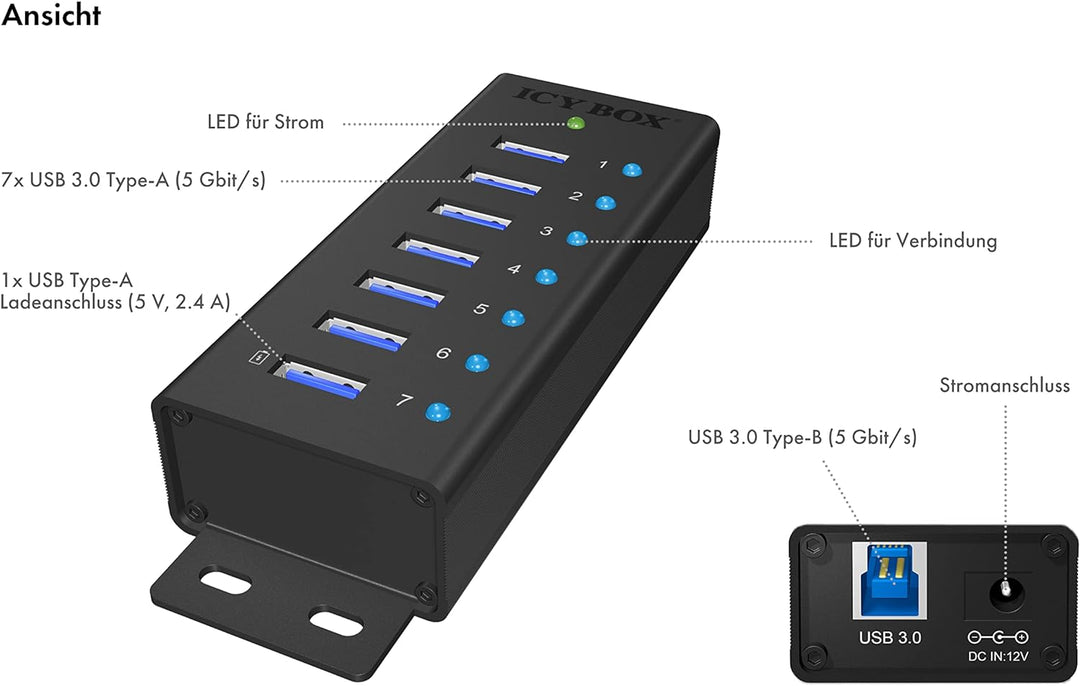 Icy Box IB-AC618 7-fach USB 3.0 Hub mit 12 V / 3 A Stromadapter, Aluminiumgehäuse und USB-Ladeport s