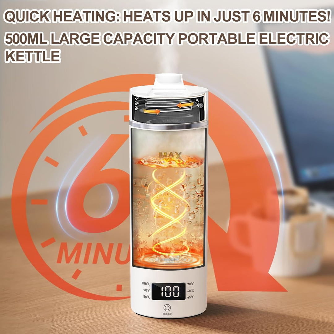 Reisewasserkocher Tragbar 500ml - Elektro-Thermobecher aus 304 Edelstahl (Weiss) - 300W Schnellaufhe