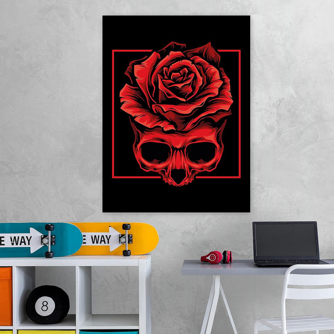 wandmotiv24 Totenkopf Wandbild aus Acrylglas, Grösse 80x60cm, Hochformat, Schädel mit Rose & Rechtec