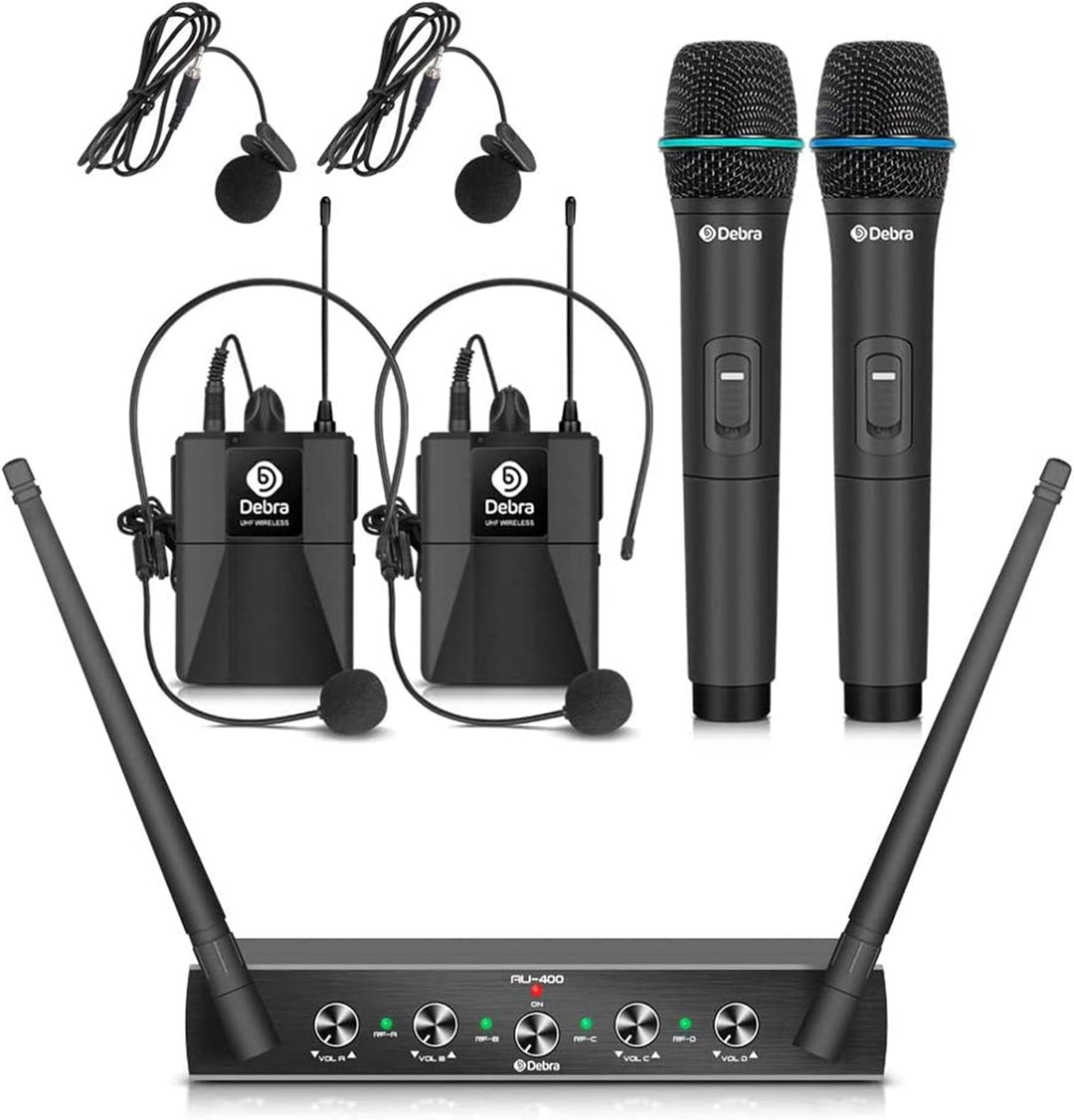 D Debra Audio AU400 Pro UHF 4-Kanal-Funkmikrofonsystem mit schnurlosem Lavalier Headset Mikrofon, Me