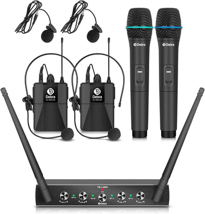 D Debra Audio AU400 Pro UHF 4-Kanal-Funkmikrofonsystem mit schnurlosem Lavalier Headset Mikrofon, Me