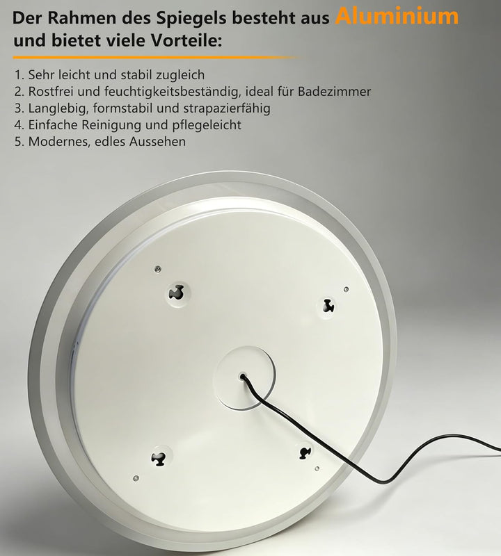 SVNR LED Spiegel mit Beleuchtung rund Ø60 cm – Modernes Badezimmer Spiegel mit Touch Control, 3 Farb