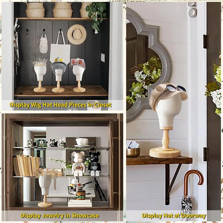 Perückenkopf-Ständer, 53,3 cm, Mannequin-Kopf, Kuppel, Leinwand + abnehmbarer Holzständer, Hutkappen