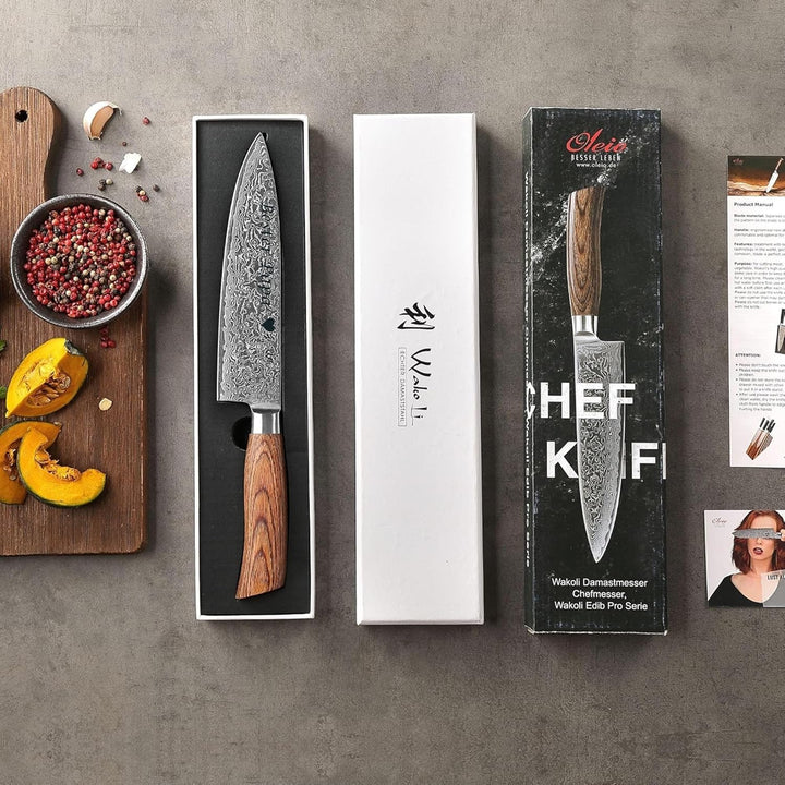Wakoli EDIB Pro Damast Chefmesser mit Gravur – Personalisiertes Messer, 20cm Klinge aus 67 Lagen Dam