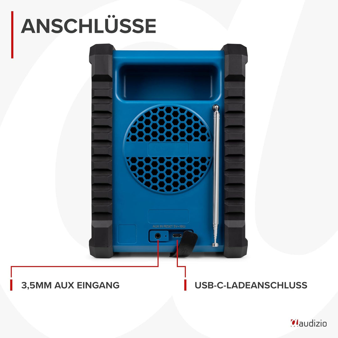 Audizio Jobsite - Baustellenradio DAB Plus Radio mit Bluetooth 5.0, Akku 8h, 100 Watt Leistung, IP54