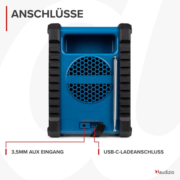 Audizio Jobsite - Baustellenradio DAB Plus Radio mit Bluetooth 5.0, Akku 8h, 100 Watt Leistung, IP54