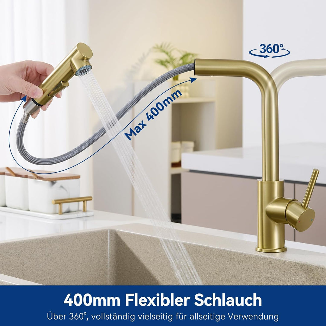 CECIPA Wasserhahn Küche Gold, Ausziehbare Küchenarmatur, Armatur Küche mit Sprühkopf und zwei Sprühm