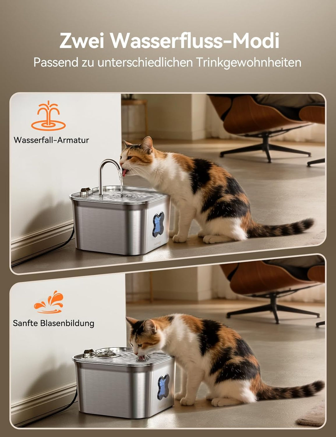 FEELNEEDY Katzenbrunnen Edelstahl, 2,8L Trinkbrunnen für Katze mit Kabel, Einfach zu Reinigen, katze