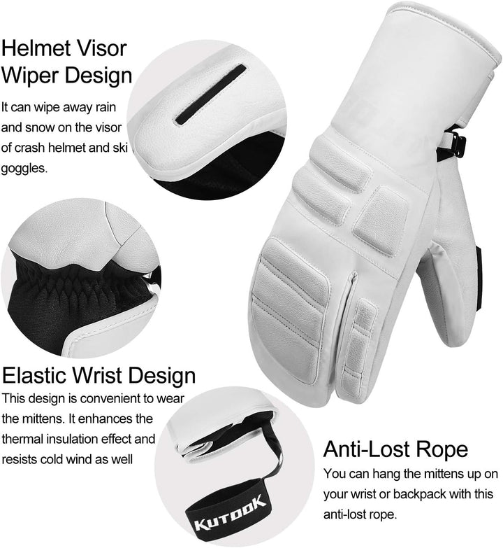 KUTOOK Skihandschuhe Ziegenleder 3M Thinsulate Fäustlinge 5 MM Eva HIPORA Wasserdicht Winddicht Stra