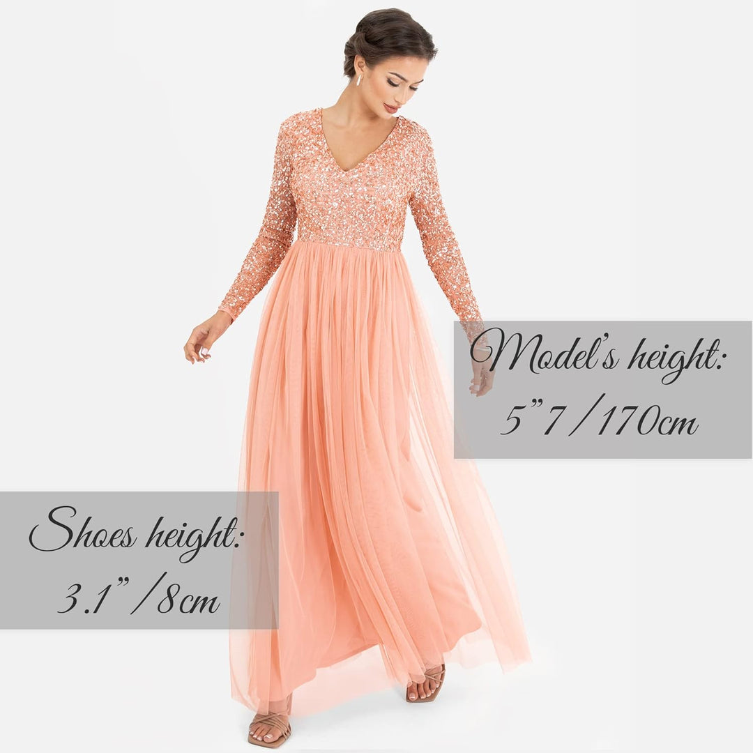 Womens Ladies Dress Sleeve for Wedding Guest V Neck High Empire Waist Maxi Long Length Evening Bride