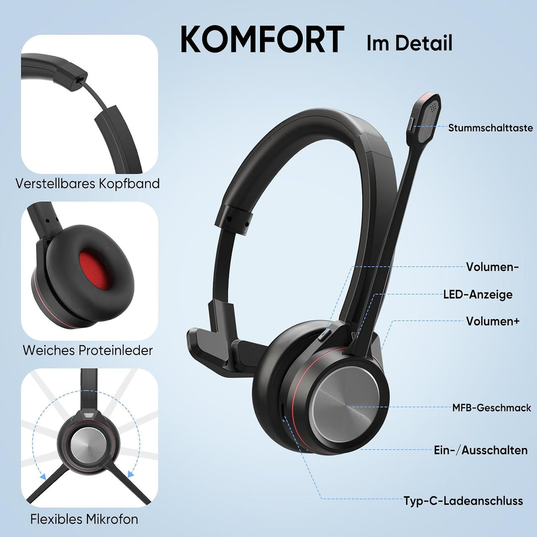 Bluetooth Headset mit Mikrofon, Wireless Headset mit USB Dongle Ladestation, Noise Cancelling Mikrof
