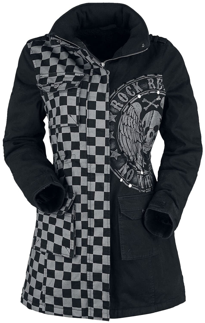 Rock Rebel by EMP Damen schwarz-graue Jacke mit Nieten und Print S grau/schwarz, S grau/schwarz