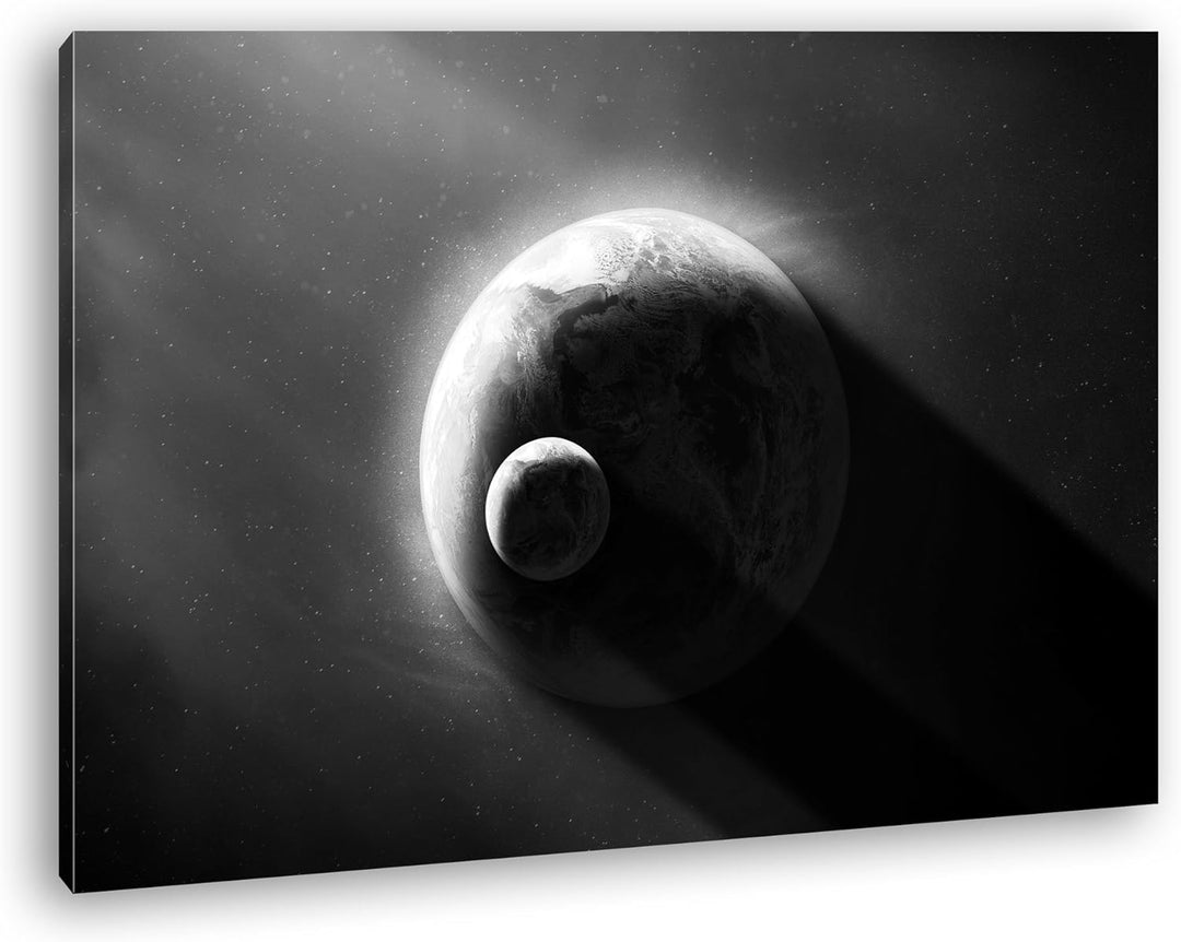 deyoli Dark Planet Erde mit Mond Effekt: Schwarz/Weiss Format: 80x60 als Leinwandbild, Motiv fertig