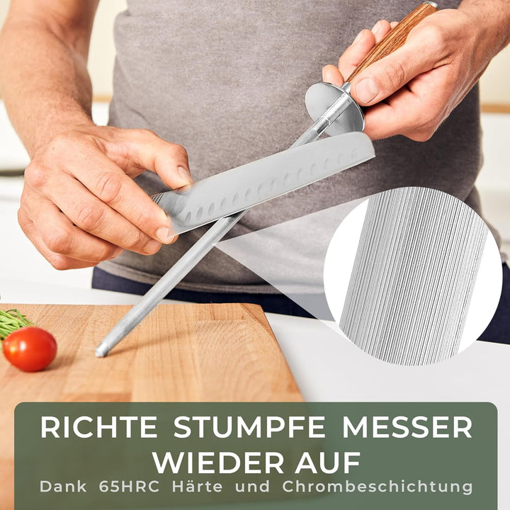 WALDWERK Premium Wetzstahl - Messerschärfer aus gehärtetem Stahl und mit edlem Holzgriff - 100% plas