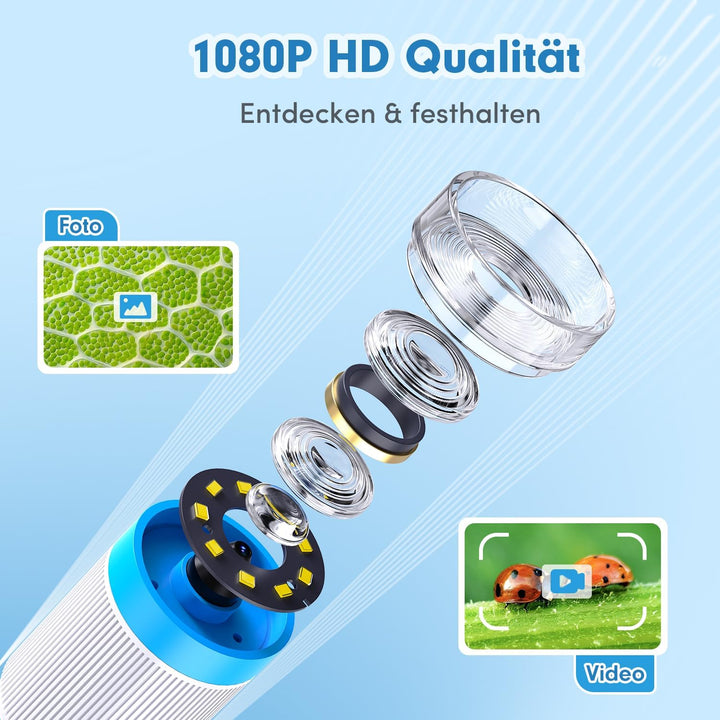 FINIBO Digitales Mikroskop für Kinder 1000X, 4,3″ grosser Bildschirm, Kindermikroskop zum Lernen & F