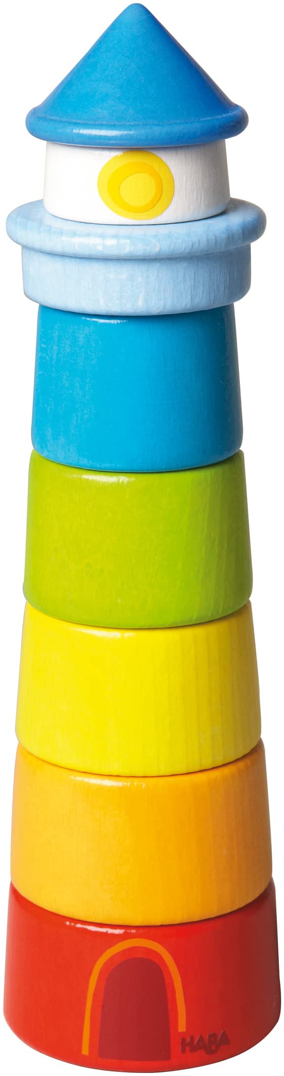 HABA 300170 - Stapelspiel Leuchtturm, Motorikspielzeug zum Sortieren von Grössen und Farben, Holzspi