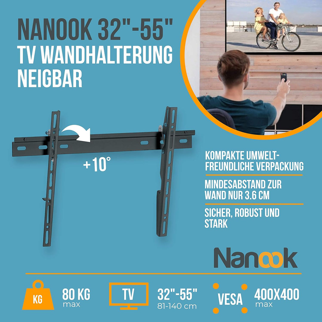 Nanook Flache und Neigbare TV-Wandhalterung für 32–55 Zoll Fernseher, Schlanke Aufhängung, Für LED,