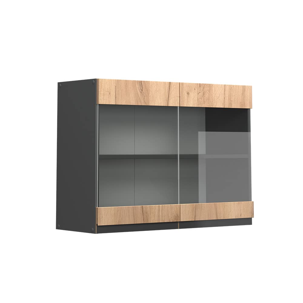 Vicco Küchenschrank Glas R-Line, Goldkraft Eiche/Anthrazit, 80 cm J-Shape Goldkraft Eiche Hängeglass