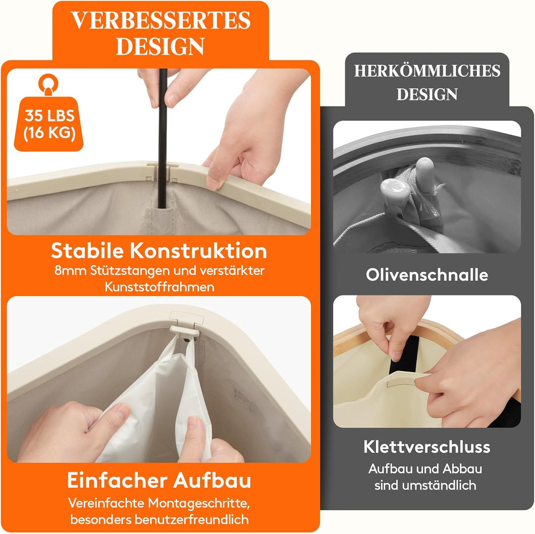 Lifewit 105L Wäschekorb mit Deckel, hoher Wäschekorb mit Kunststoffrahmen, faltbarer grosser Wäschek