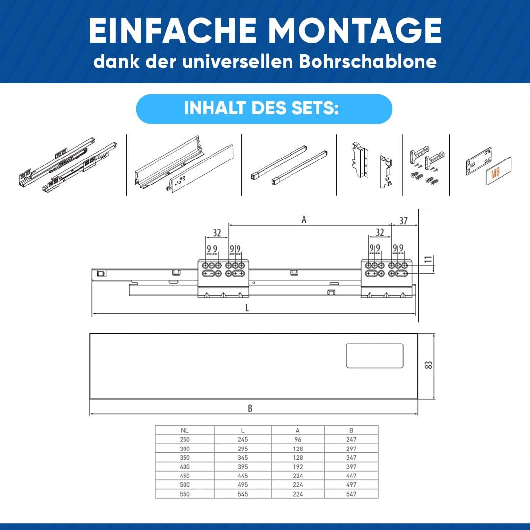 GTV - Modern Box Schublade I L=450mm H=210 mm I Grau I Leises Schliessen I Belastung bis zu 40 kg I