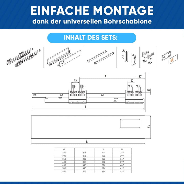 GTV - Modern Box Schublade I L=450mm H=210 mm I Grau I Leises Schliessen I Belastung bis zu 40 kg I