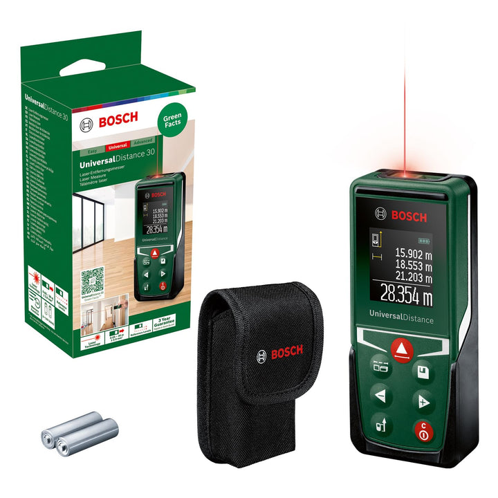 Bosch Laserentfernungsmesser UniversalDistance 30 (Distanz bis 30m präzise messen, Messfunktionen, S