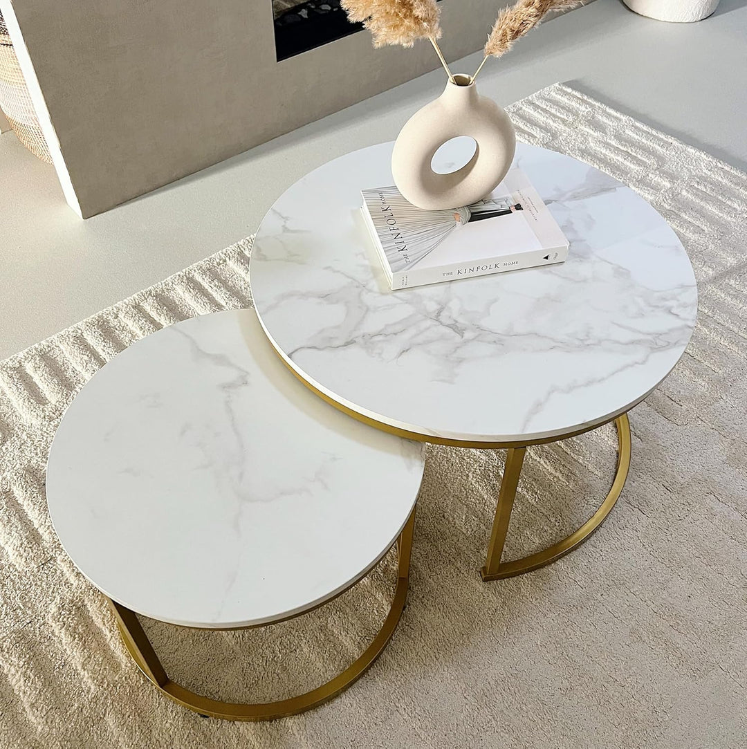 Home Heaven® Couchtisch Rund Weiss Marmor mit Gold – Runder Wohnzimmertisch 2er Set für Wohnzimmer -