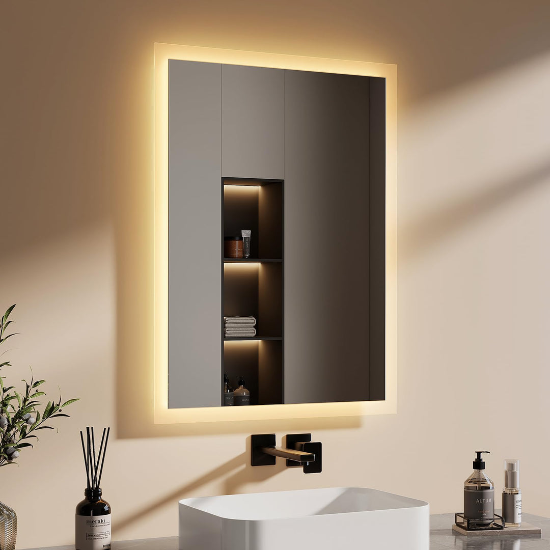 EMKE Badspiegel mit Beleuchtung 80x60cm, Badezimmerspiegel mit Warmweiss Licht 3000K, Wandschalter,
