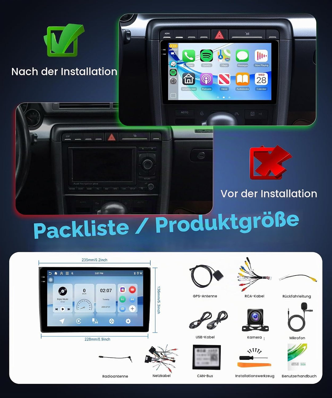 4G+128G Rimoody Android Autoradio für Audi A4 S4 RS4 B6 B7 8E 2000-2009 9" IN-Cell Bildschirm mit Wi