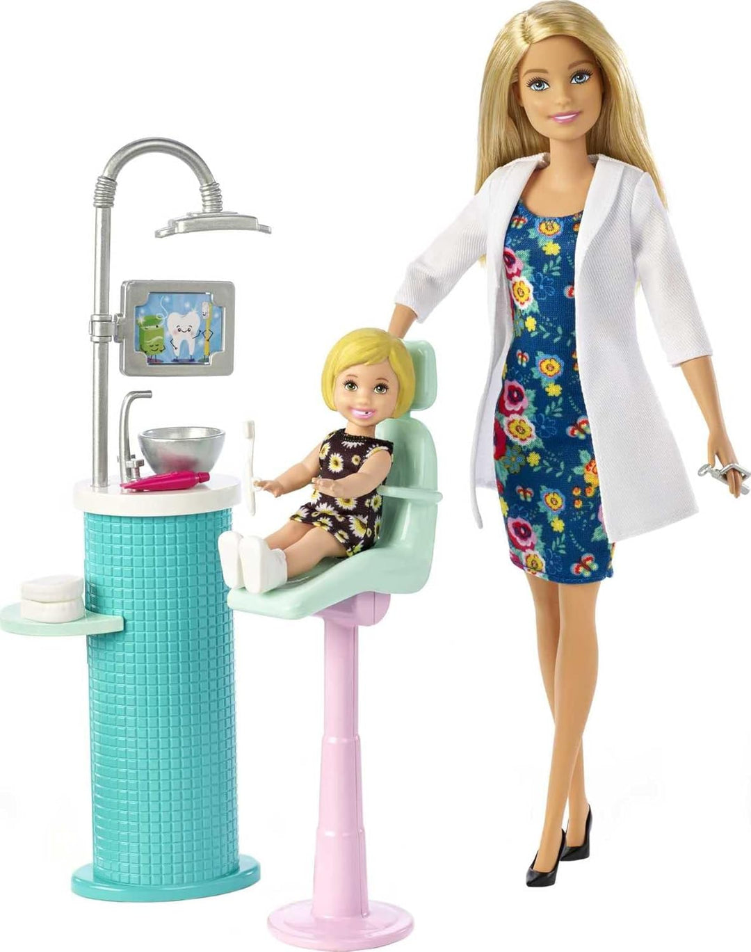 Barbie FXP16 - Zahnärztin-Puppe, Blonde, Spielset, kleine Patientenpuppe, Spülbecken, Behandlungsstu