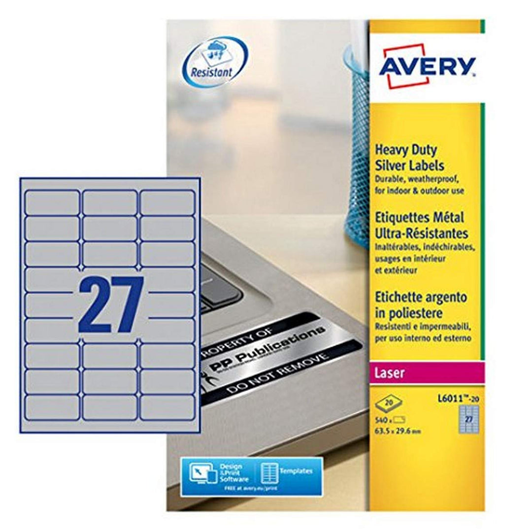 Avery L6011-20 Robuste Laseretiketten ( 27 Stück pro Blatt, 63,5 x 29,6 mm) 540 Etiketten in Silber