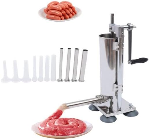 Wurstfüller Manuell 3L/6lbs Edelstahl – Wurstfüllmaschine Vertikal mit 4 Füllrohren, Wurstpresse Fle