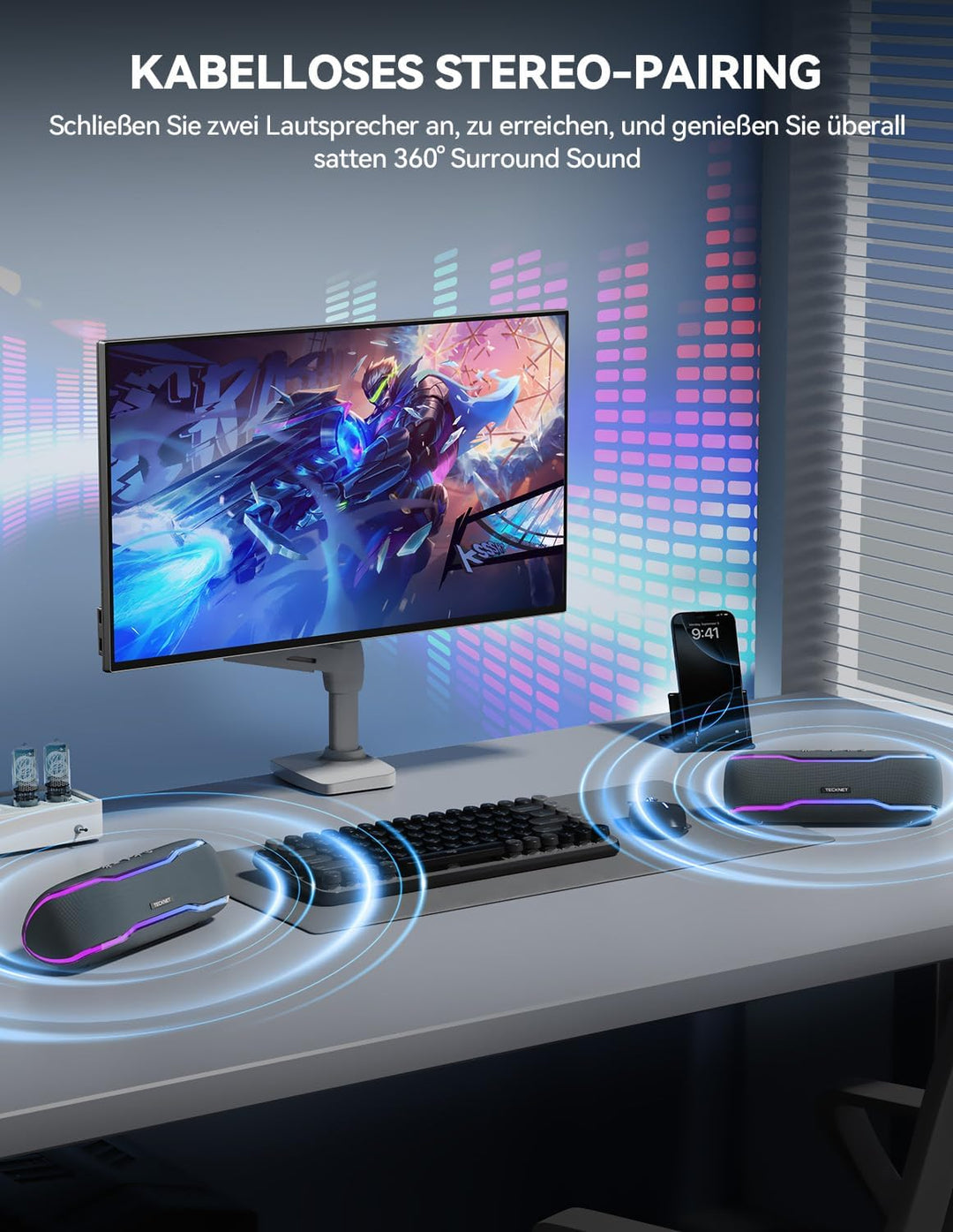 TECKNET Bluetooth Lautsprecher mit Licht, IPX7 Musikbox Kabellos Bluetooth 5,3 Speaker mit Wasserdic