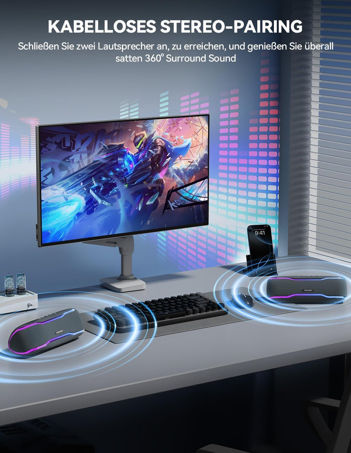 TECKNET Bluetooth Lautsprecher mit Licht, IPX7 Musikbox Kabellos Bluetooth 5,3 Speaker mit Wasserdic