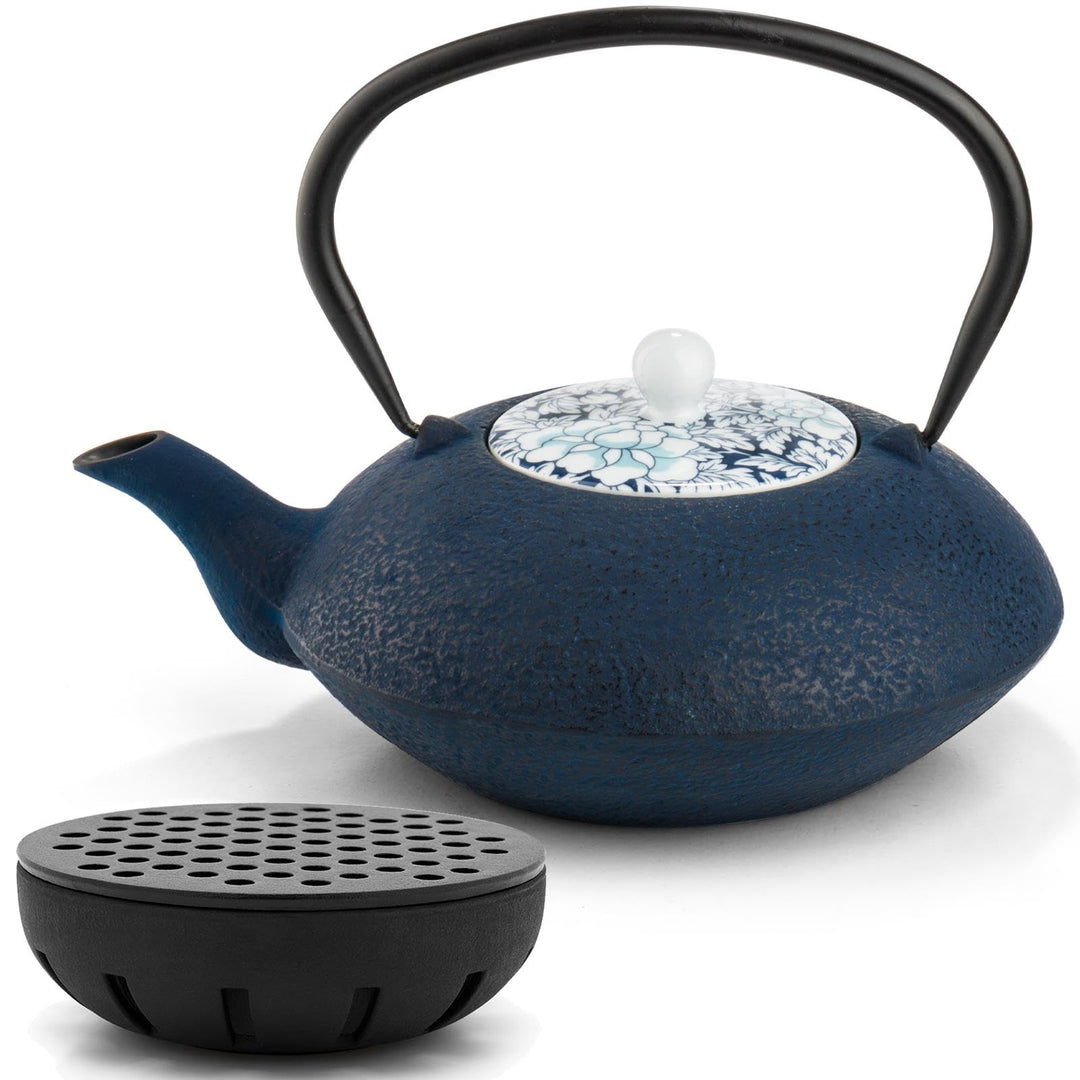 Teekanne asiatisch Gusseisen Set blau 1.2 Liter Teekessel mit Henkel & Edelstahl Tee-Filter-Sieb-Ein
