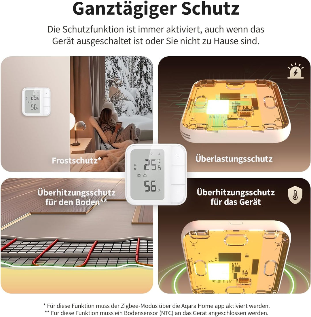 Aqara Thread/Zigbee Fussbodenheizung Thermostat W500, 16A Elektrische Heizung mit NTC Fussbodenfühle