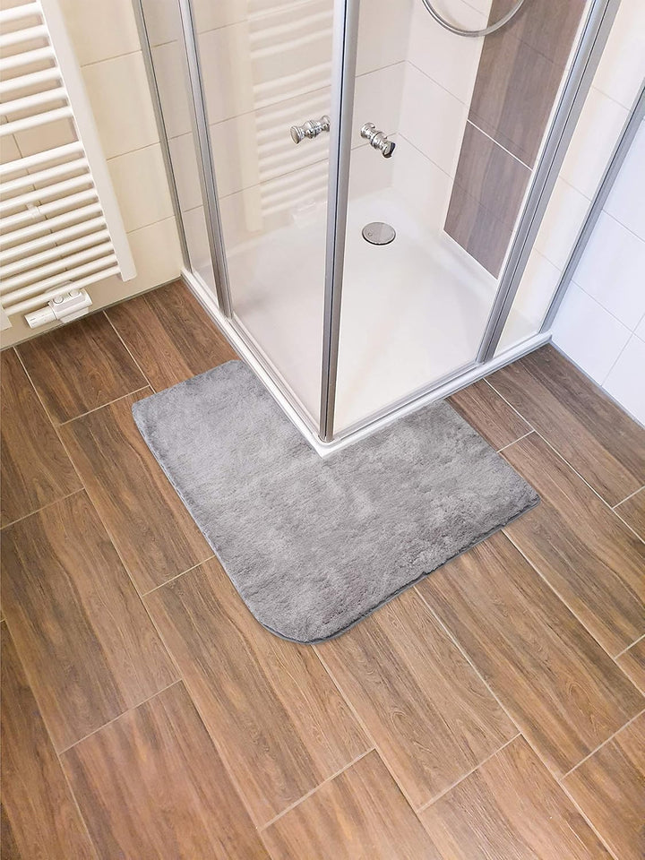 fluffy® Badteppich für Eckduschen, Hochflor aus Mikrofaser, rutschfeste Unterseite (L-Form | Innenma