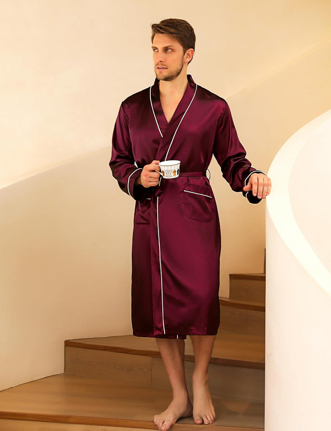 Bresdk Morgenmantel Herren Satin Kimono Robe Lang Leichter Bademantel für Männer S Rot M885, S Rot M