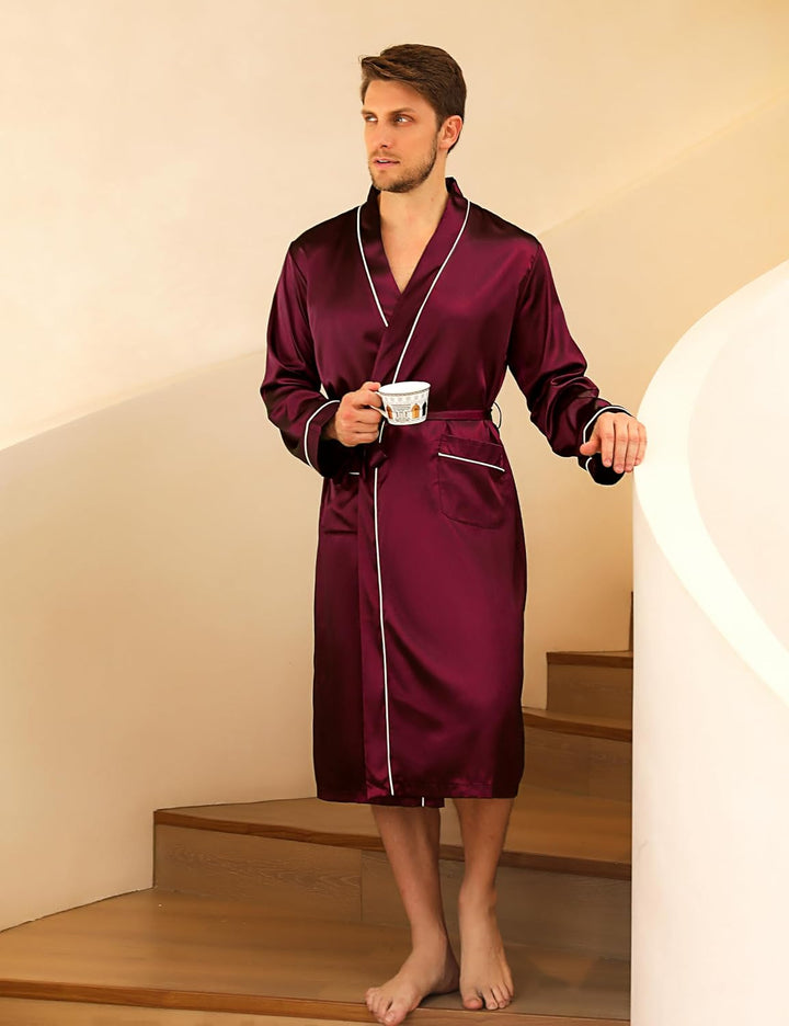 Bresdk Morgenmantel Herren Satin Kimono Robe Lang Leichter Bademantel für Männer L Rot M885, L Rot M