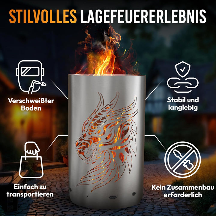 TiKo-Design Feuertonne - Lagerfeuertonne - Feuerkorb mit Drachen Motiv – Verleihen Sie Ihrem Garten